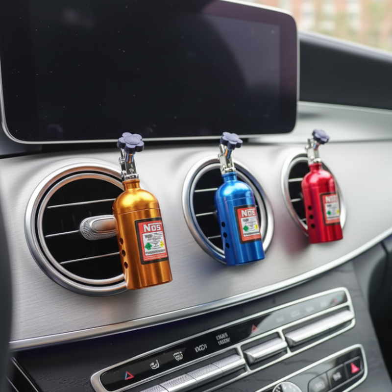 Four colorful NOS bottle air fresheners attached to a car's air vent.