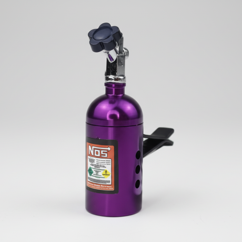 Purple nitrous oxide system canister with 'NOS' branding on a white background
