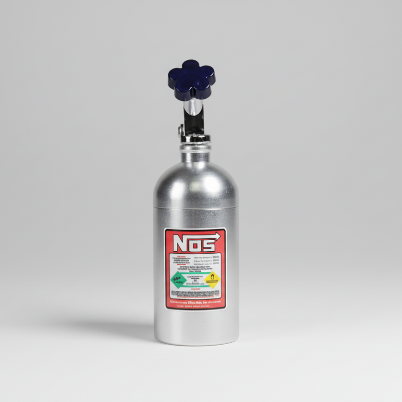 Nitrous oxide system canister with 'NOS' label on a white background