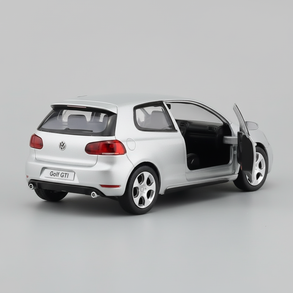 Model car of a silver Volkswagen Golf GTI on a white background
