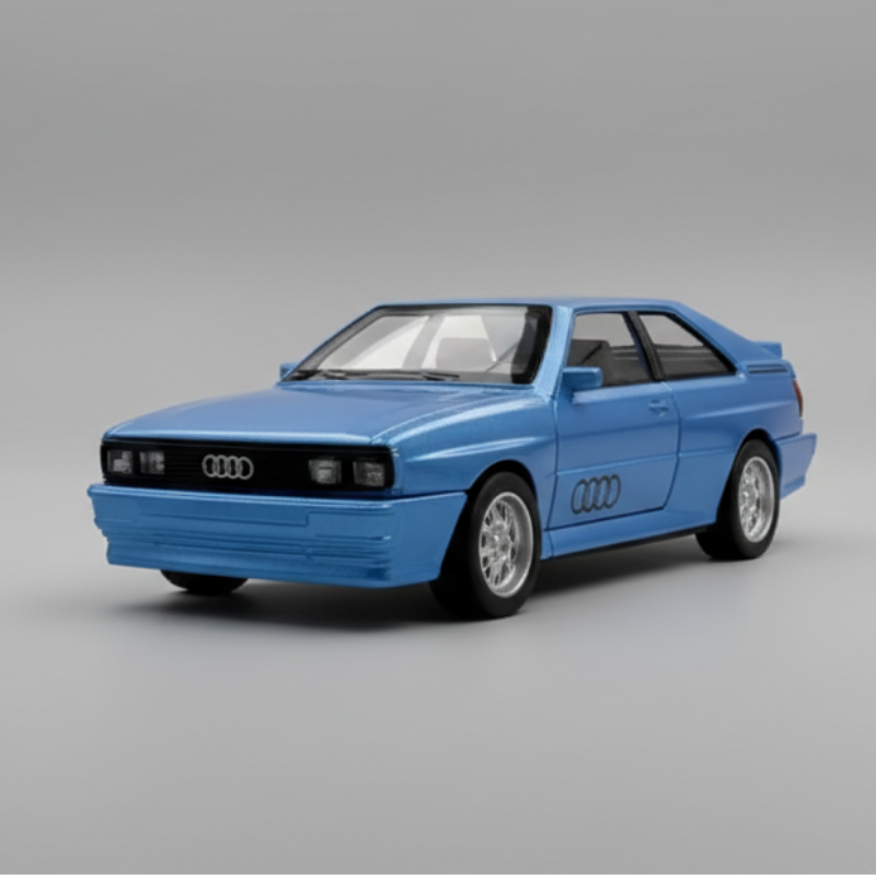 Blue Audi car model on a reflective surface with a black and yellow striped background