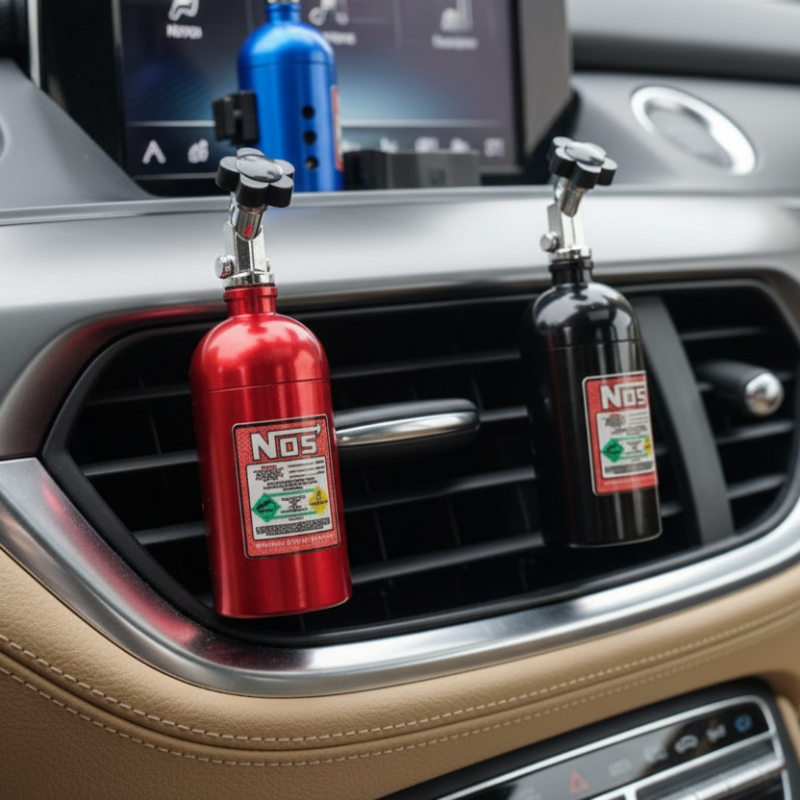 Two NOS nitrogen canisters in a car's air vent.