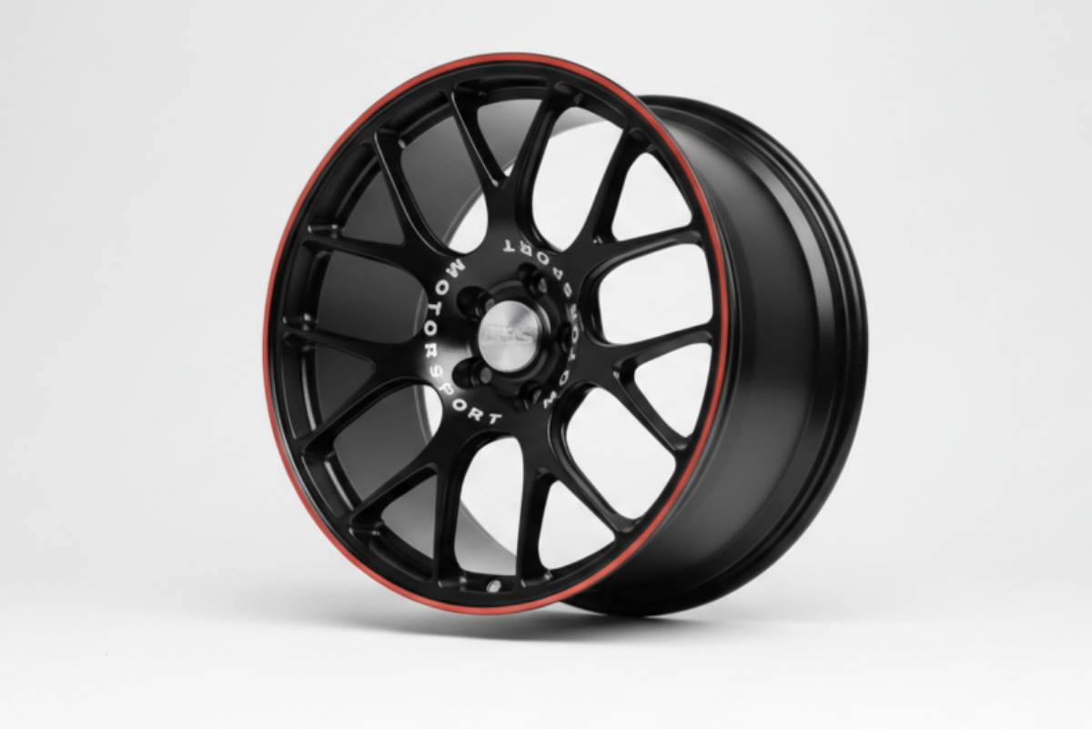 Black alloy wheel with red accents on a white background facing left