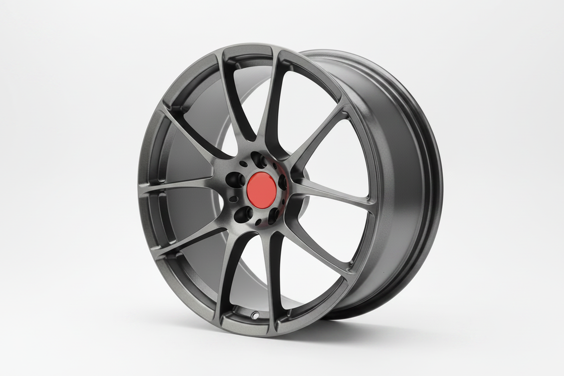 gray bbs rf wheel rim held against a green leafy background facing forward