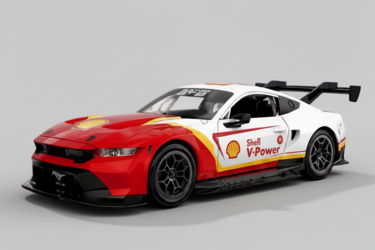 Red and white race car with Shell V-Power facing left