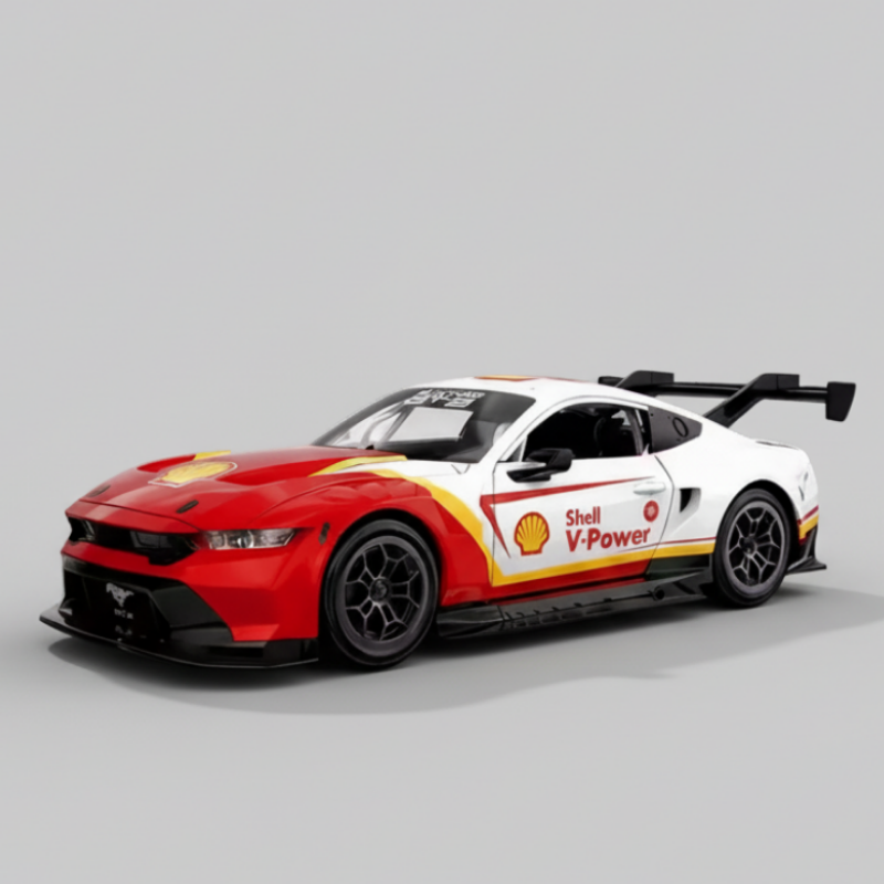 Red and white race car with Shell V-Power facing left
