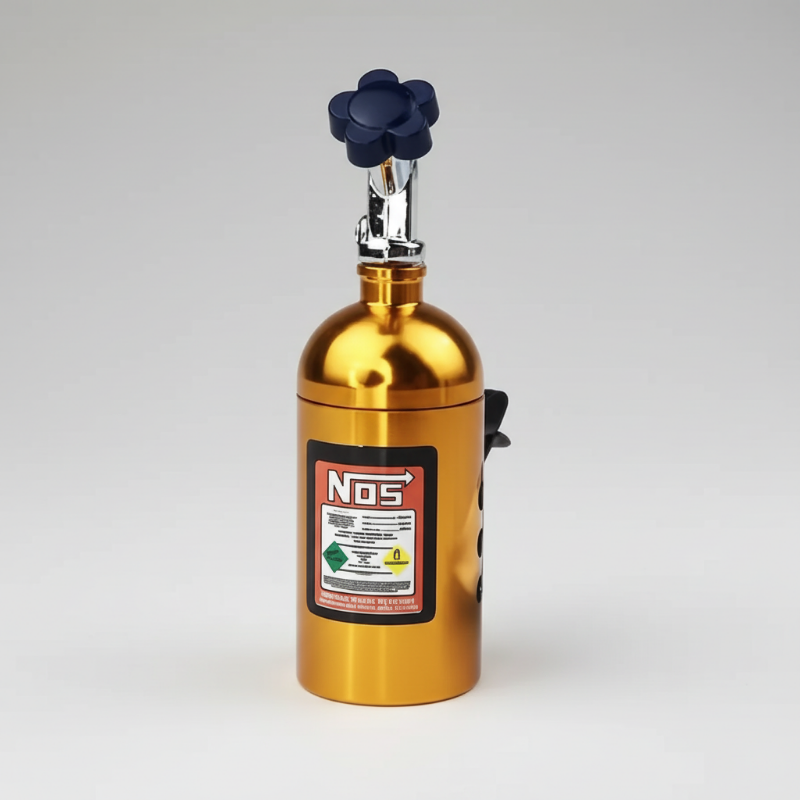 Gold nitrous oxide system with NOS logo on a white background