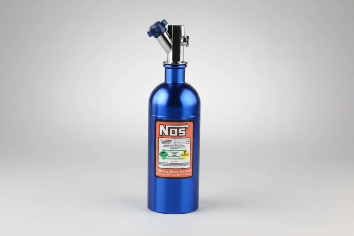 Blue NOS bottle on a white background