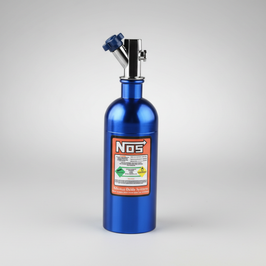 Blue NOS bottle on a white background