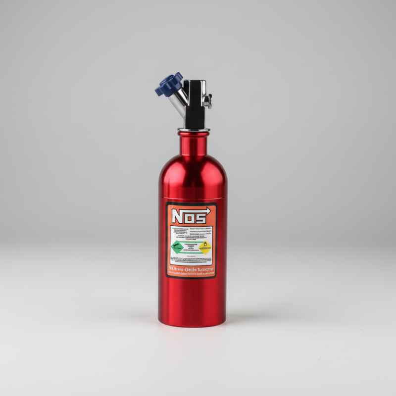 Red nitrous oxide system canister with 'NOS' label on a white background
