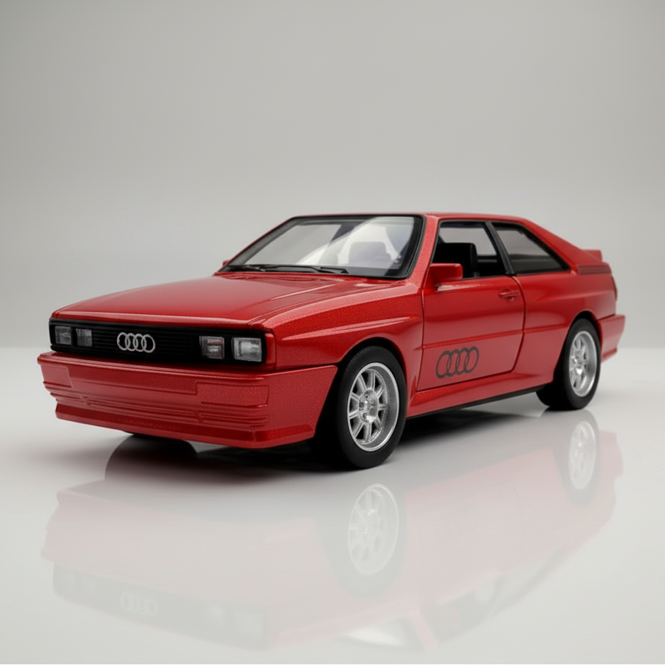 Blue Audi car model on a reflective surface with a black and yellow striped background