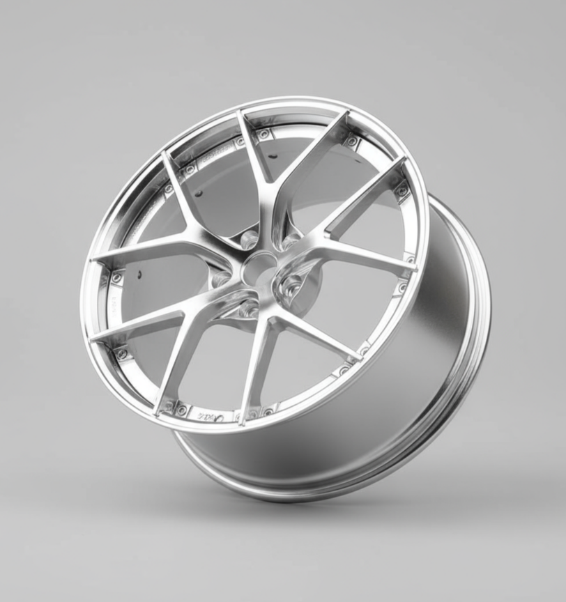 silver bbs ri-s car wheel rim held in a hand with green foliage in the background