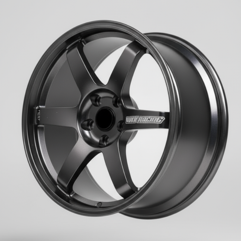 Gray rays te37 wheel rim on a stand with a light gray background