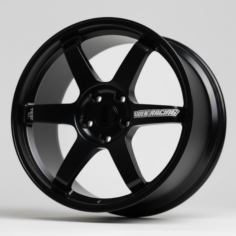 Black rays te37 wheel rim on a stand with a light gray background