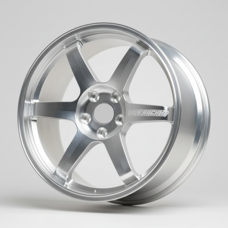Silver rays te37 wheels on a stand against a white background