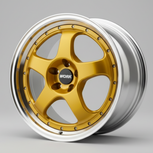 Gold and silver work meister s1 3p wheel rim held in front of green leaves