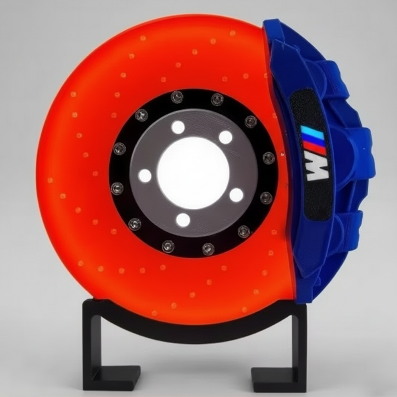 Red brake disc with blue caliper on a gray background
