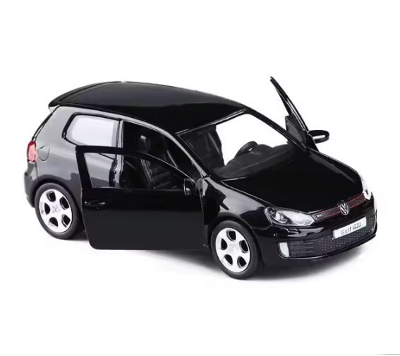 Black volkswagen golf gti with only it's doors open on a white background
