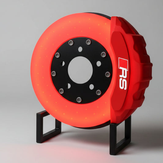 glowing orange car brake rotor with 'RS' logo on the red brake caliper, wireless