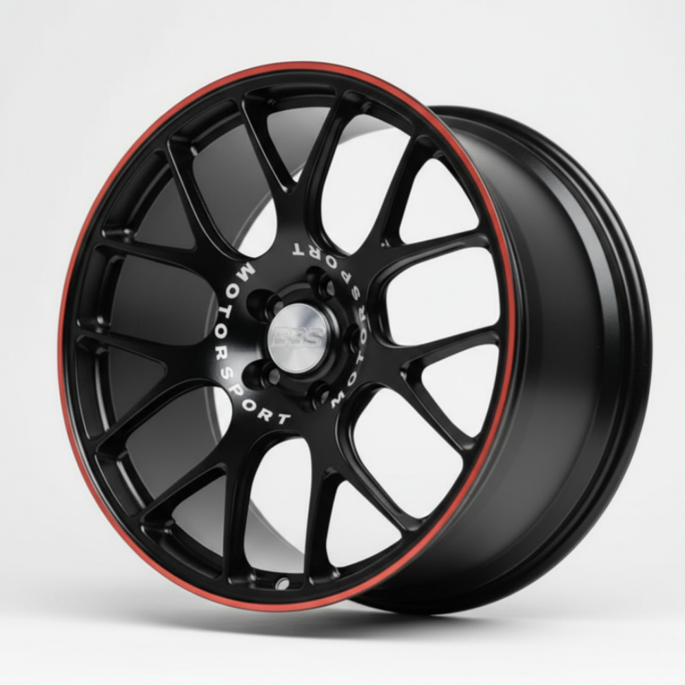 Black alloy wheel with red accents on a white background facing left