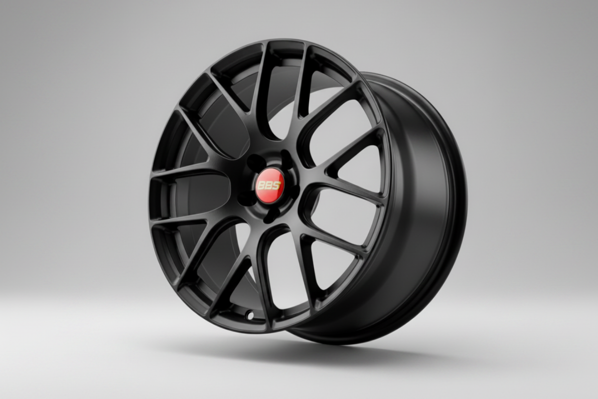 Black bbs rev7 wheel rim held in hand with a blurred green background