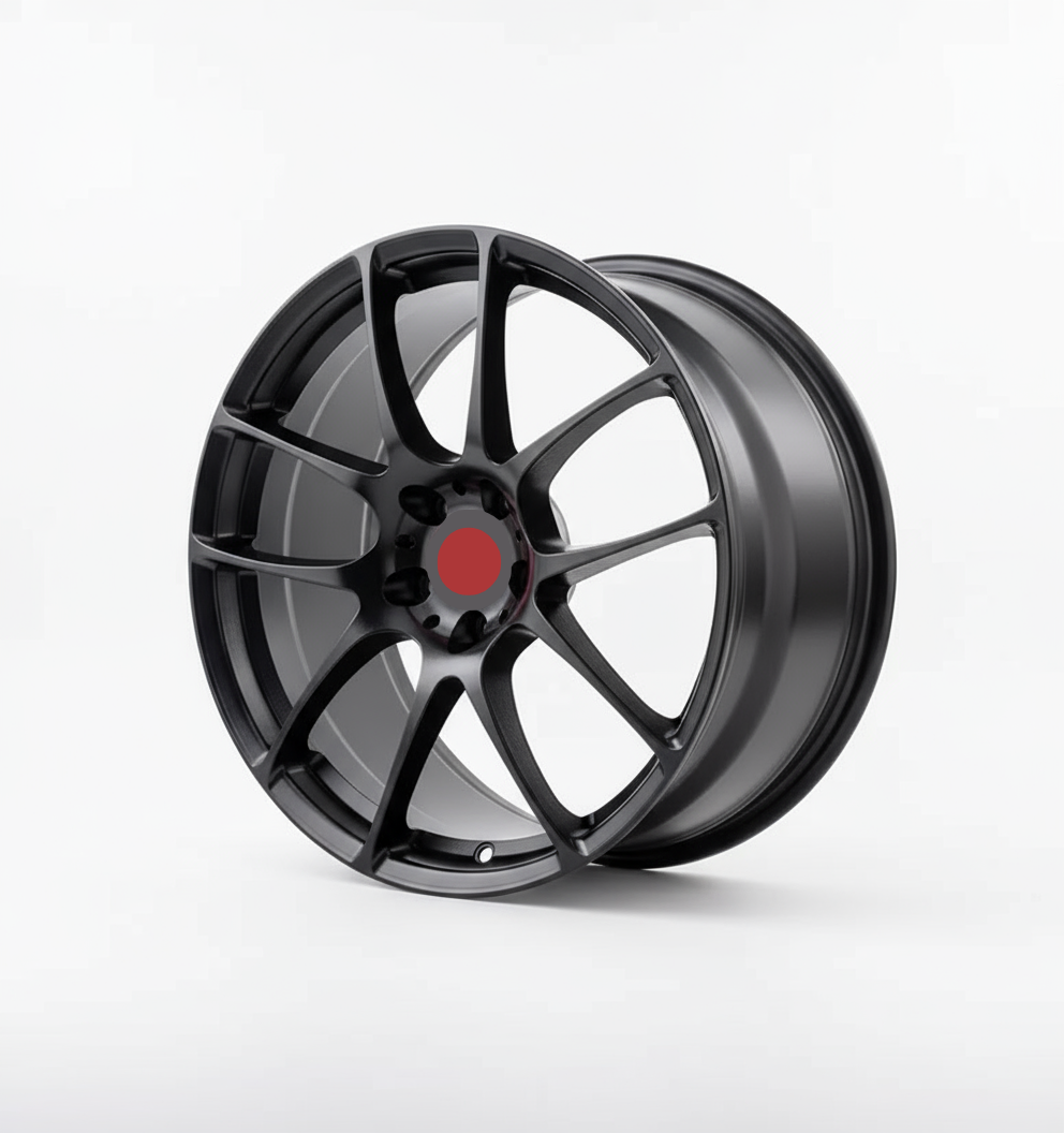 a bbs rf wheel rim held by a hand with a blurred green background facing forward, bbs in gold font in the middle