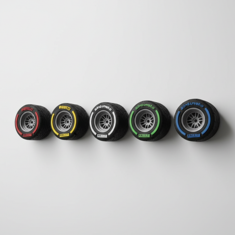 Five formula 1 racing tires with different colored sidewalls on a metallic surface