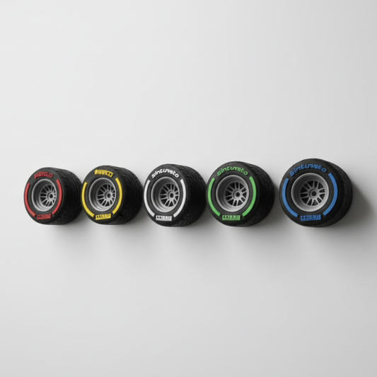 Five formula 1 racing tires with different colored sidewalls on a metallic surface
