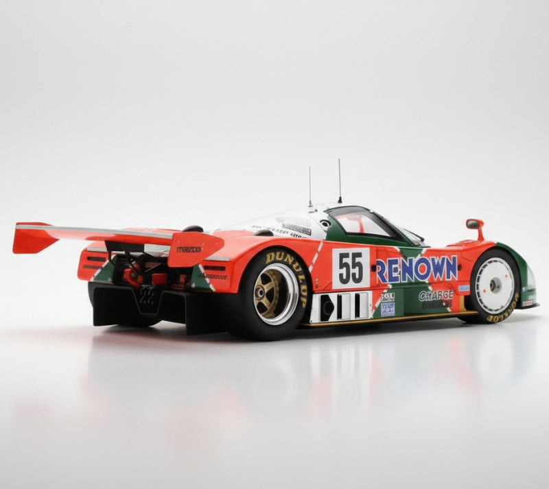 back shot of mazda 787b race car with 'Renown' branding on a white background